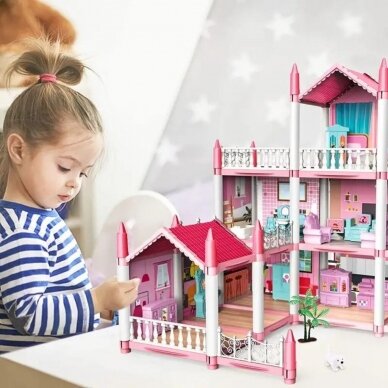 Vaikų lėlių namas, 3 aukštai, 9 kambariai, 2 terasos